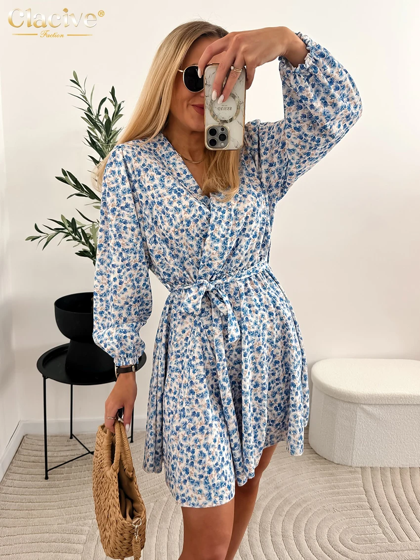 Clacive Fashion Loose Print Women's Dress 2025 Casual V-Neck Long Sleeve Mini Dresses Elegant Classic Lace-Up Female Dress