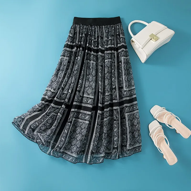 

Silk Floral Print Slimming Midi Skirt Elastic Waist A-Line Skirt Briti Sle Busin Casual Summer New Arrival Women's Skirt