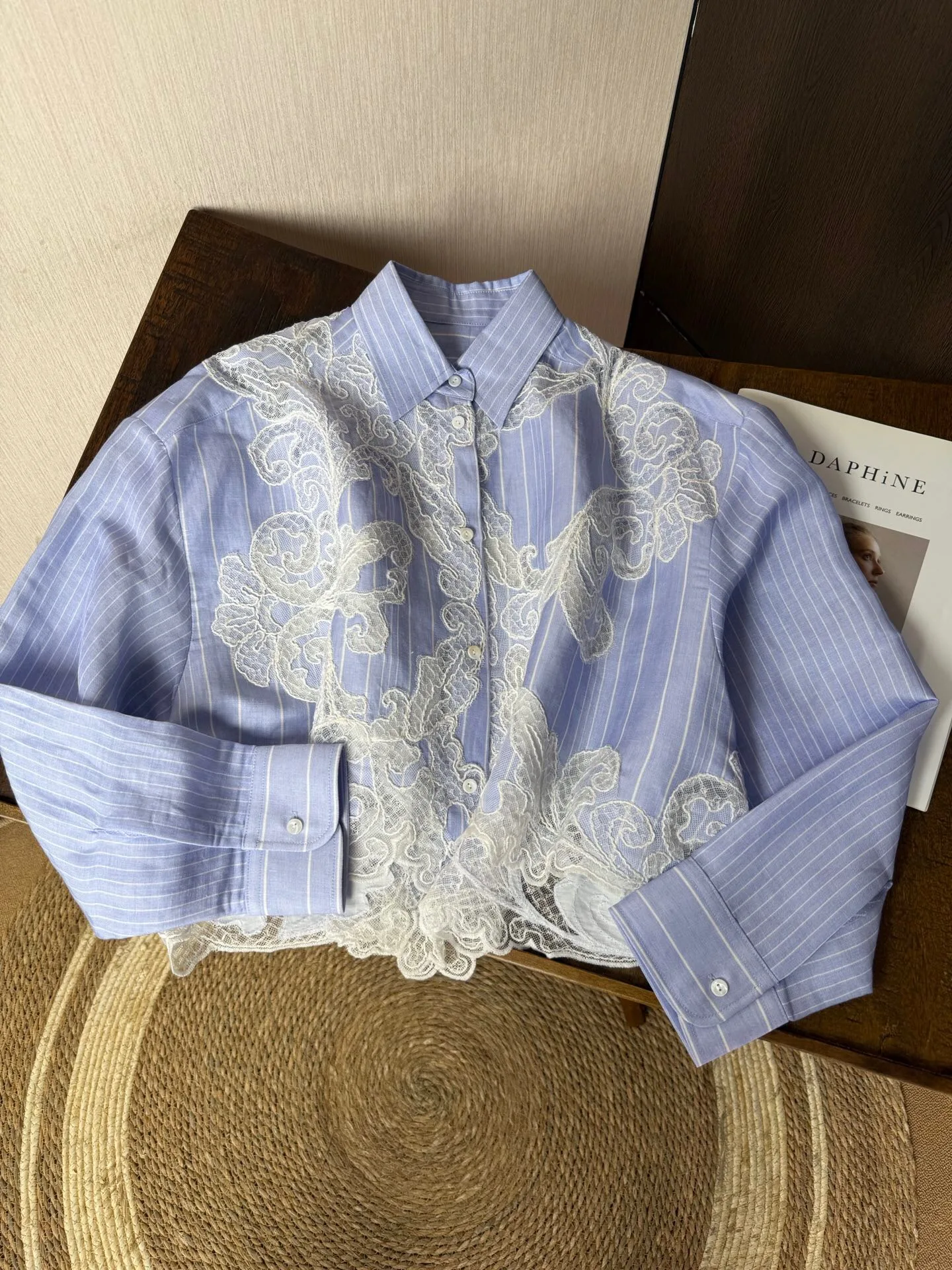 

2026 New Summer Sexy Hollow Out Lace Embroidered Short Shirt Fashion Women Striped Blue Silk Linen Tops