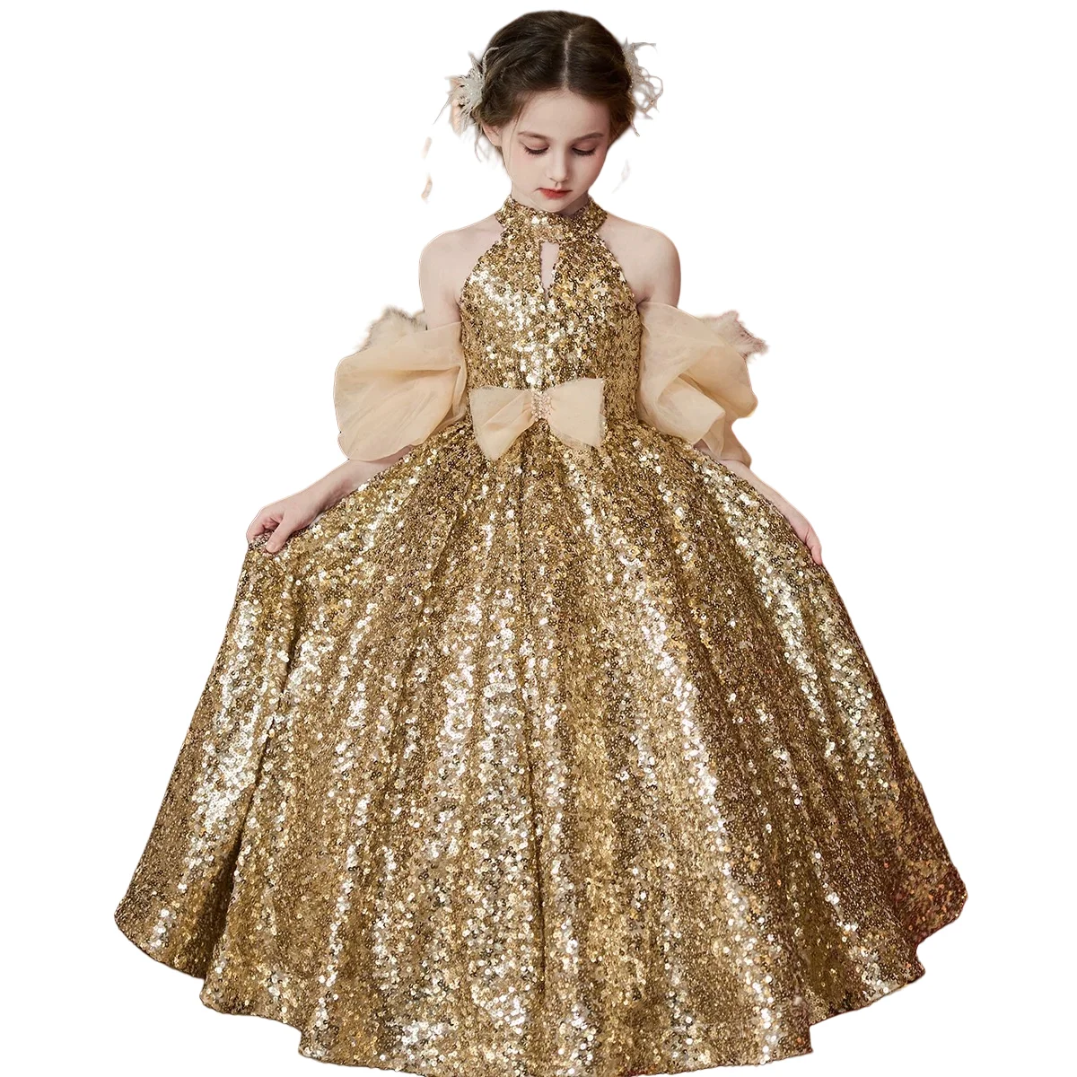 

High Neck Sequins Flower Girl Dress for Wedding Bows Halter Girls Pageant Dresses Floor Length Kids Birthday Party Ball Gowns