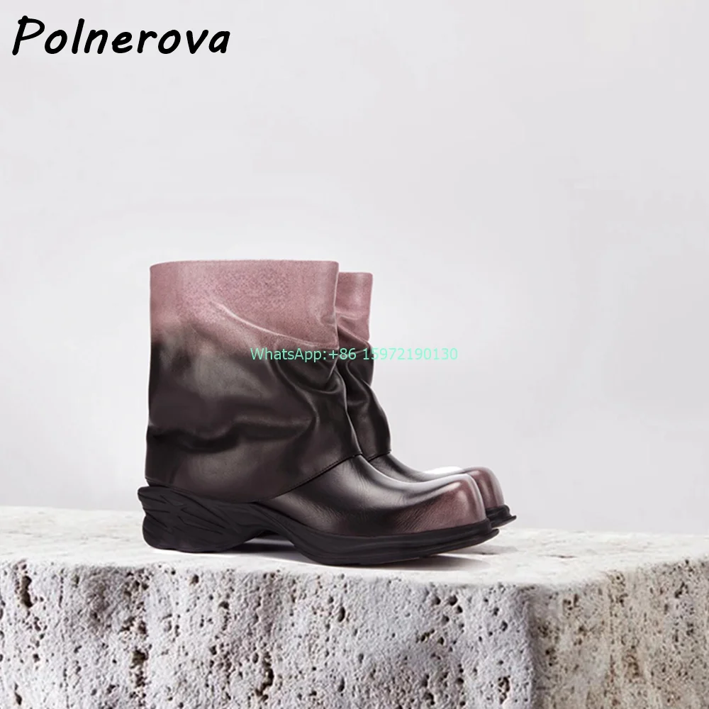 

Black Pink Pleated Ankle Boots Square Toe Mixed Color Slip On High Increase Shoes Ladies Niche Design Punk Runway Shoes 2024