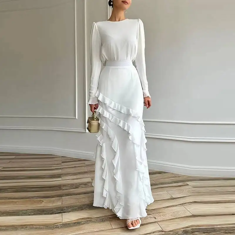 Fashion O Neck Tops Skirts Outfits Women Casual Long Sleeve Ruffle Solid Slim Suit Elegant Premium Draped Pc Sets #6