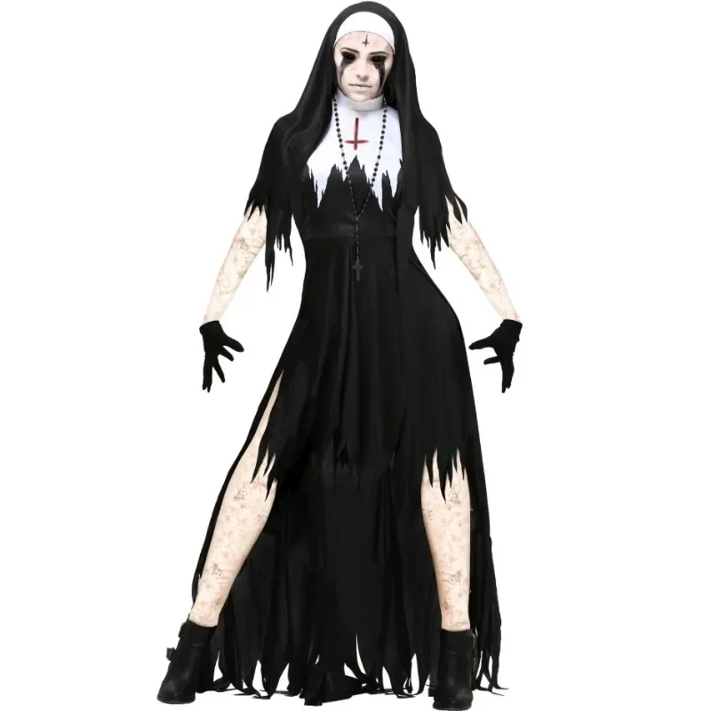Traje gótico da irmã da igreja morta-vivos – fantasia assustadora de freira zumbi para mulheres, vestido de demônio vampiro de Halloween e roupa de cosplay de terror