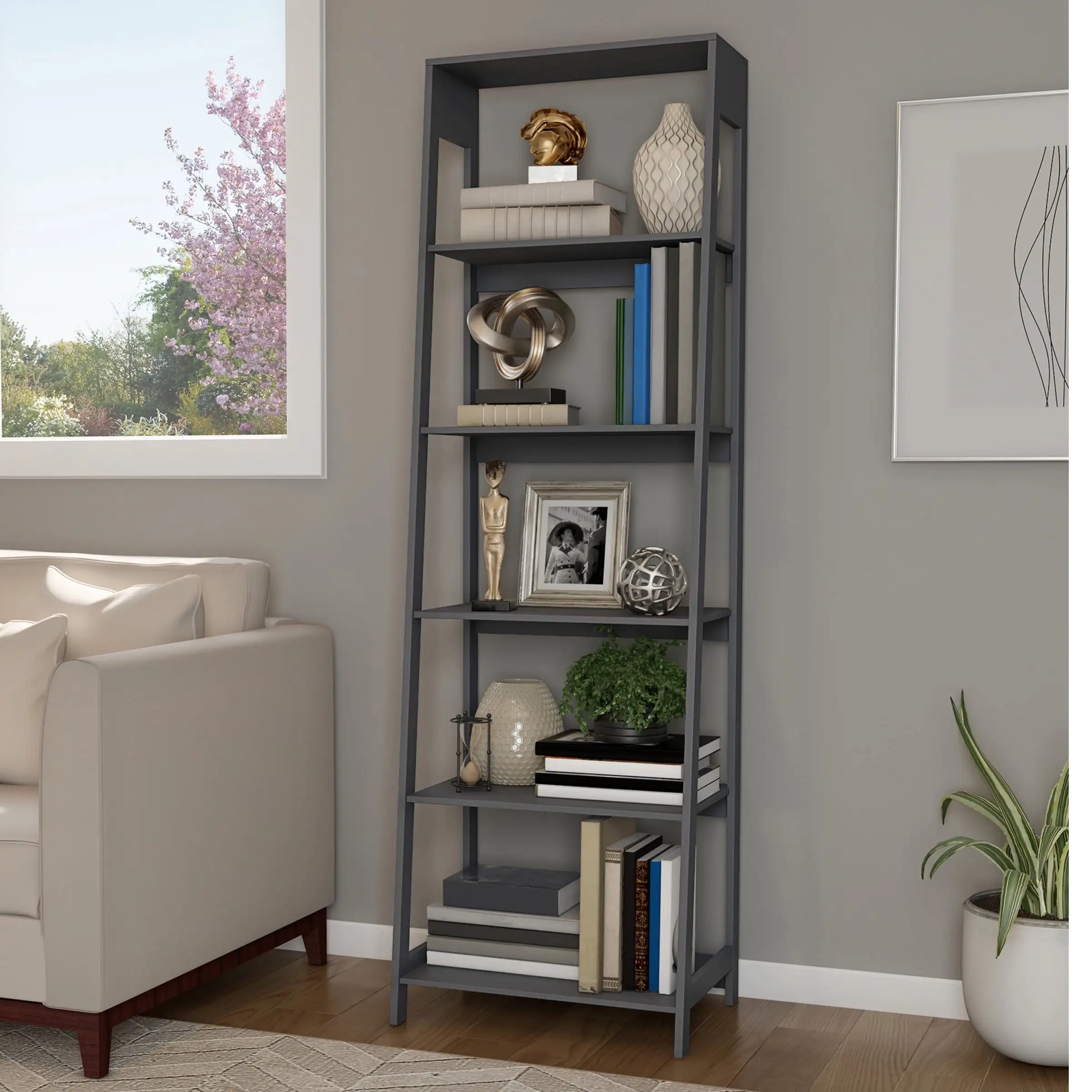 

Home Freestanding Leaning Ladder Bookshelf 5-Tier, (Gray)