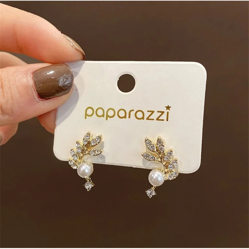 Korean Style Women's Leaves Full Diamond Pearl Stud Earrings Zircon Compact Temperamental Earrings Golden Leaf Cute Earrings