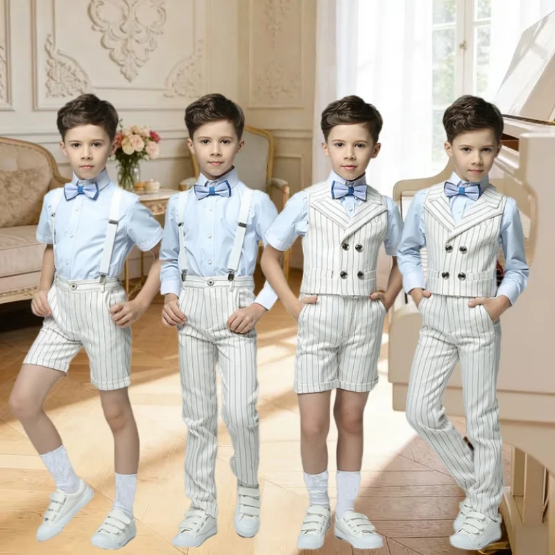 Kids Vest Shirt Pants Bowtie School Uniform Children White Summer Photography Suit Teenager Boys Graduation Performance Costume