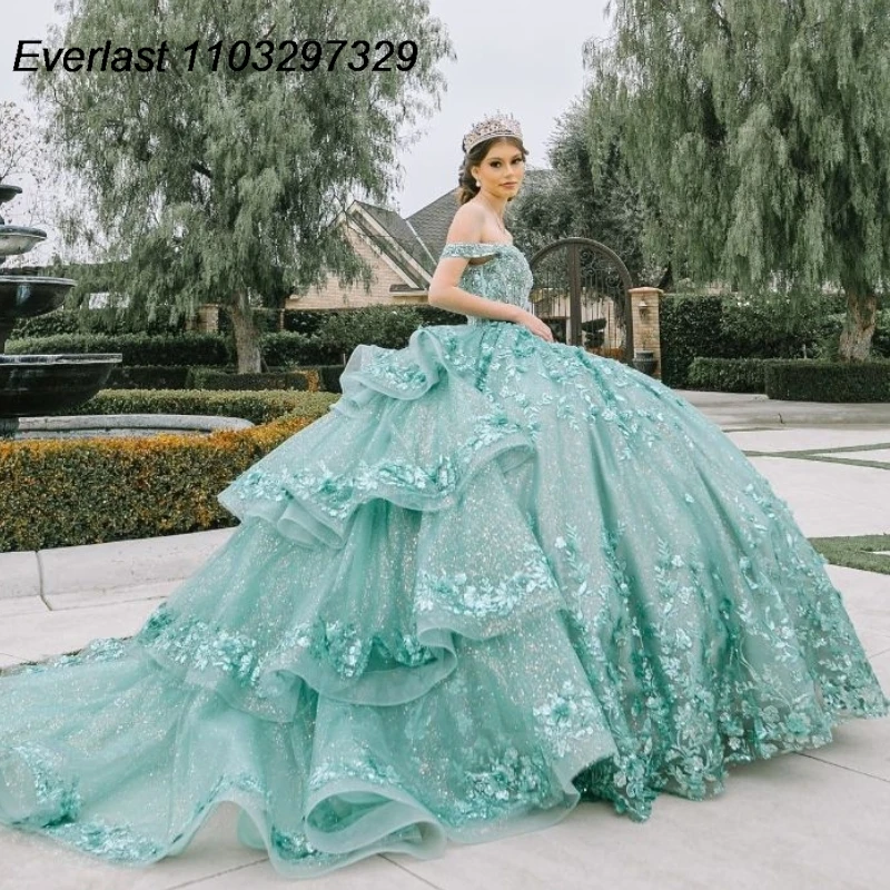 

EVLAST Customized Mint Ball Gown Quinceanera Dress 3D Floral Applique Beaded Sequins Tiered Sweet 15 Vestido De 15 Anos TQD577