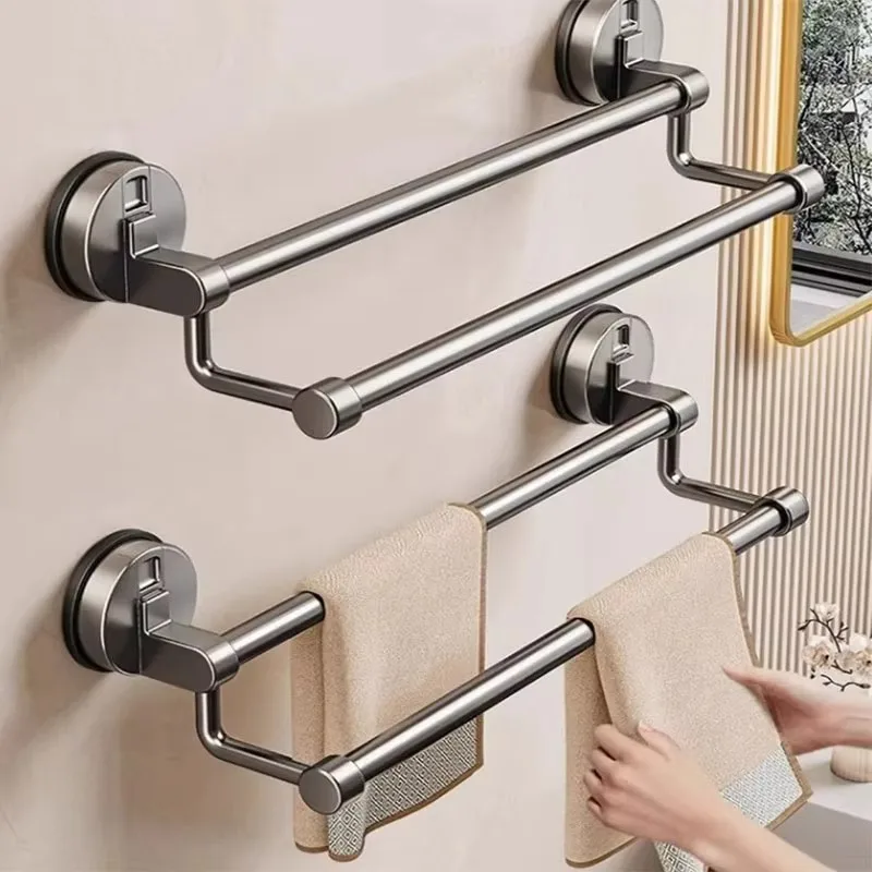 

Washroom Double Rod Space Aluminum Suction Cup Towel Rod Punch-free Hanging Towel Shelf Bathroom Towel Slipper Storage Rack