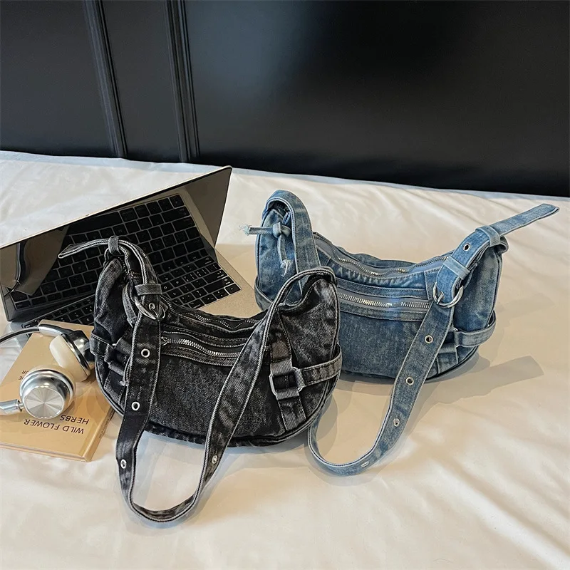 Fashion Washed Denim Shoulder Bag For Women Vintage Distress Dumpling Crossbody Bags Korean Casual Luxury Design Handbags