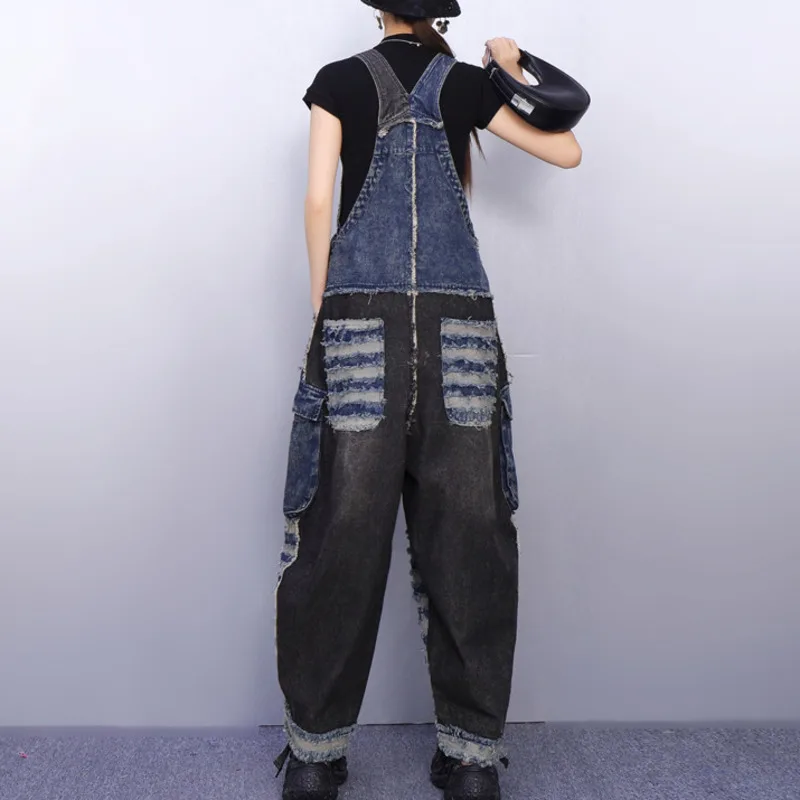HKSH Women Overalls Jeans American Retro Asymmetric Color Block Distressed Denim Pants Slimming Casual Streetwear Summer HK20980