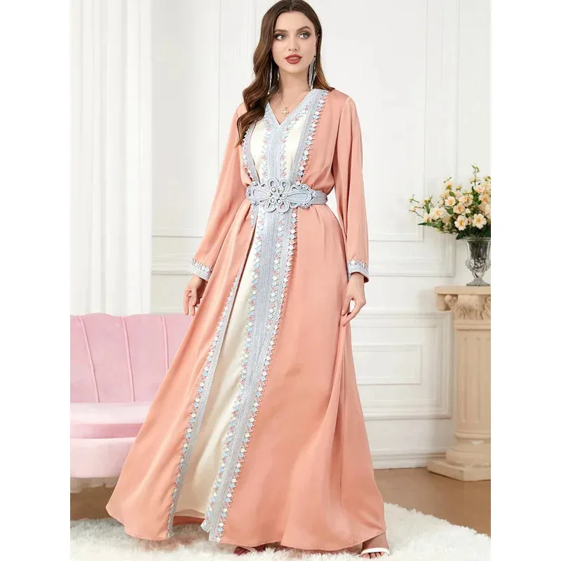 رمضان تركيا فستان عباية إسلامية للنساء المغرب قفطان 2 قطعة مجموعة فساتين الحفلات دبي بحزام vestdios 2023 رداء العيد