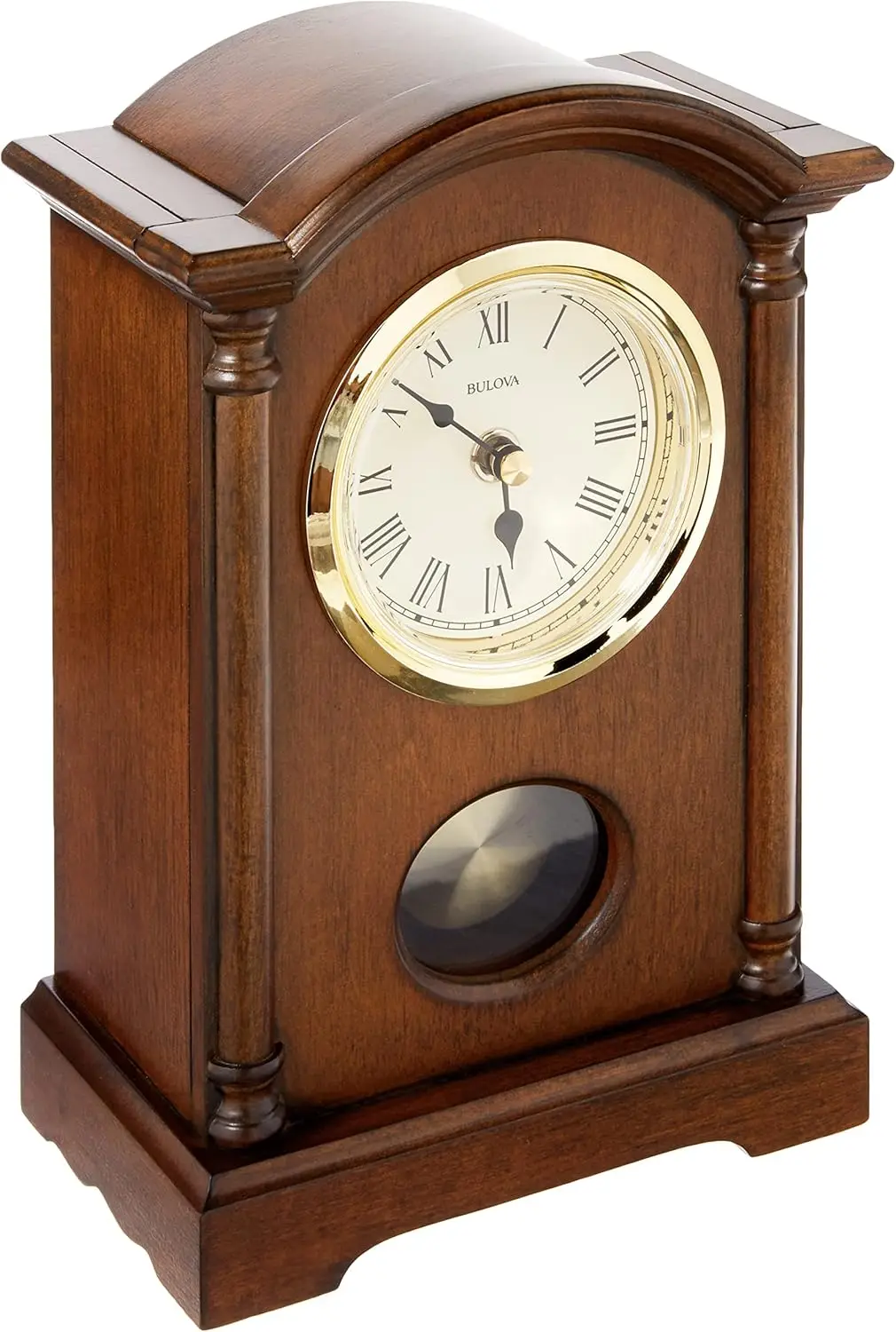 Pendulum Table Clock Walnut Finish Gold-Tone Accents Polished Goldstone Bezel