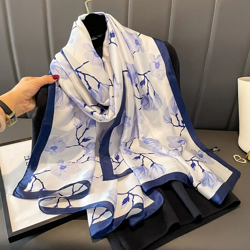 2024 New Stain Silk Scarf Blue White Shawl Women Floral Beach Neckscarf Smooth Stoles Soft Neckerchief Hijab Foulard Echarpe