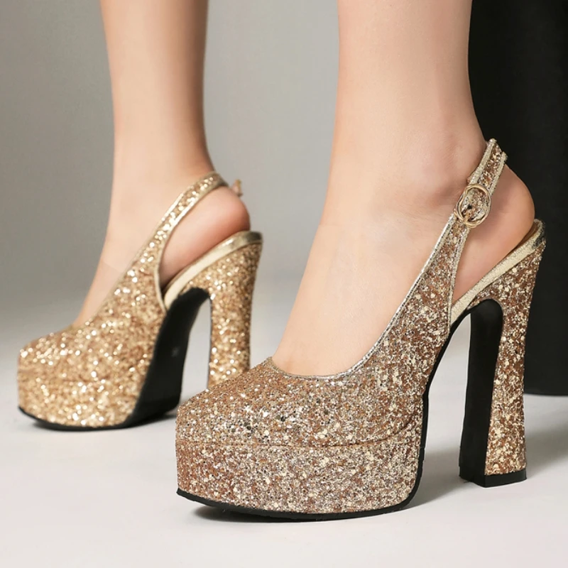 

Sexy Platform High Heels Pumps Shoes Woman Luxury Slingback Large Size Gold and Silver Women's Heeled Party Wedding Shoes