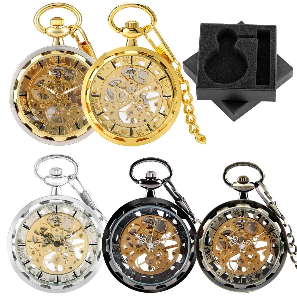 Classic Open Face Skeleton Mechanical Pocket Watch Numberless Dial Hand Winding Pocket Watch with Chain for Men Retro Gifts