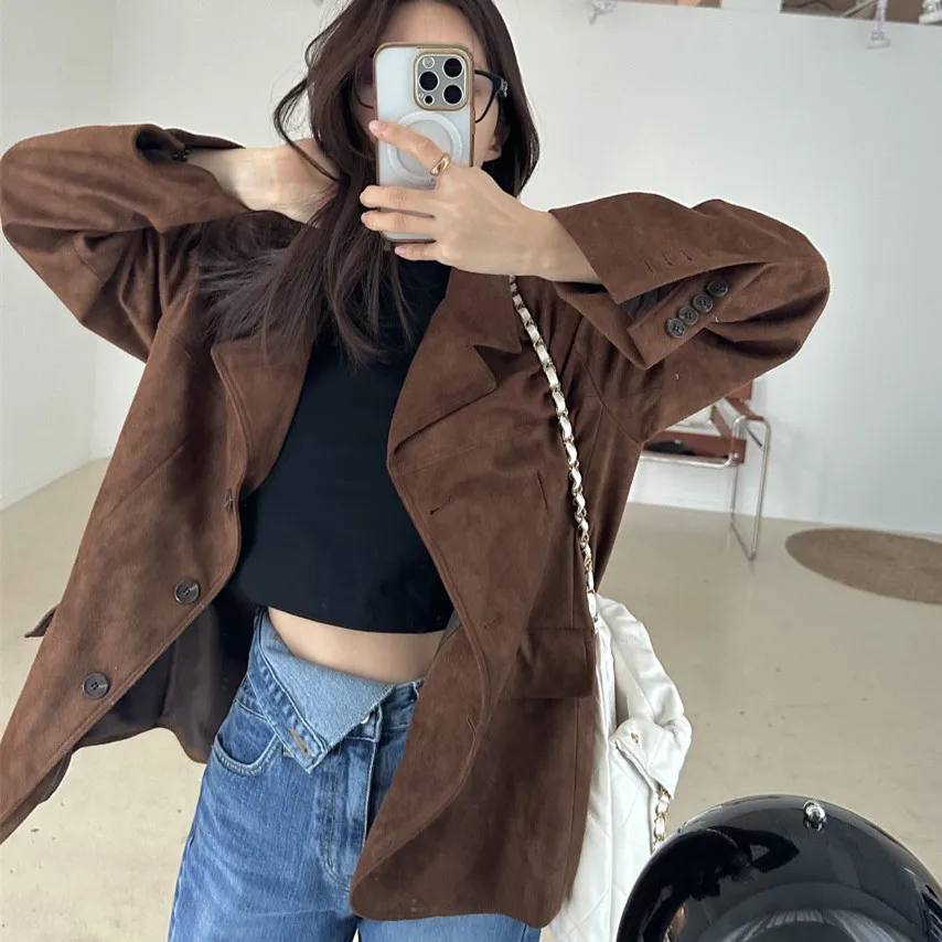 

Women Casual Coats Solid Jackets Suede Leather Lapel Long Sleeves Single Breasted Slight Strech Loose Street Wear 2025 Autumn