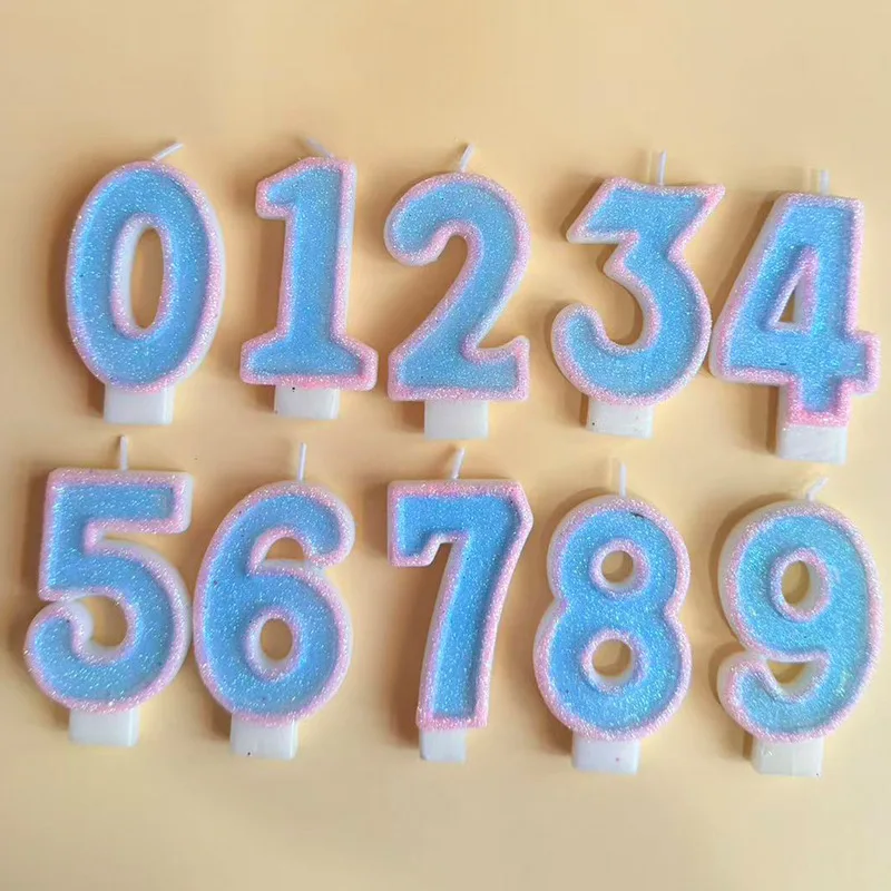 Dreamy gradient pink-blue decorated number candles, festive party gifts, birthday and anniversary candles