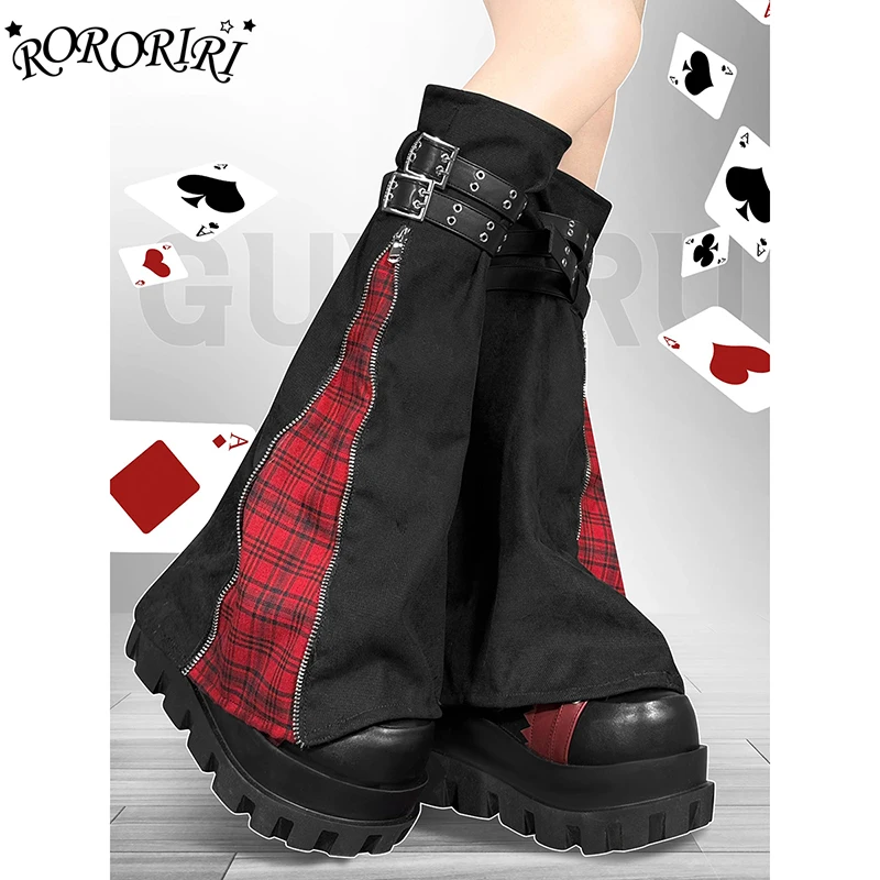 RORORIRI Retro Red Plaid Spliced Denim Leg Warmers Women Boots Cover Zipper Leather Belt Knee Long Socks Lolita Gothic Costumes