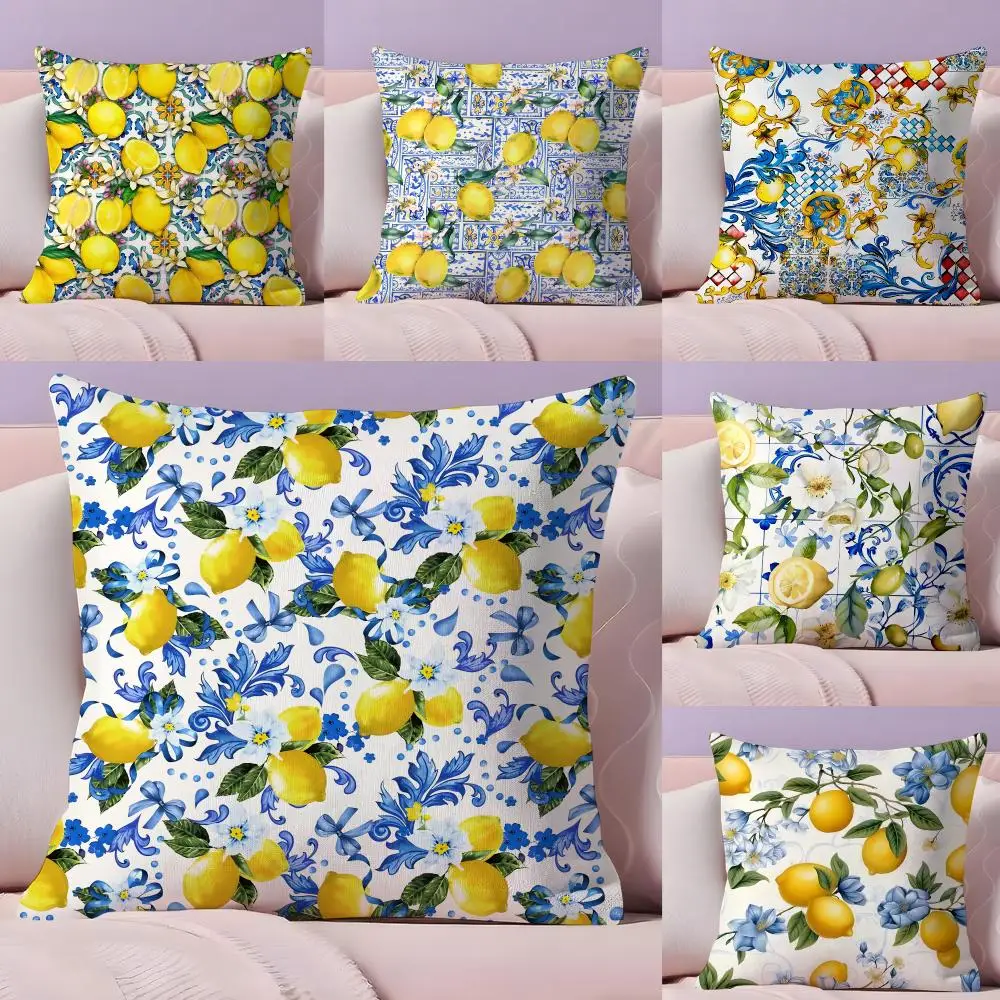 Porcelain Lemon Cushion Cover Pillow Case Plush Fabric Soft Double Sided Print Home Sofa High Quality Cushion