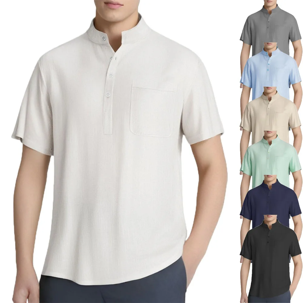 Herren-Hemden aus Baumwollleinen, lässige Kurzarm-T-Shirts, hawaiianisches Henrey-Hemd, einfarbige männliche T-Shirts