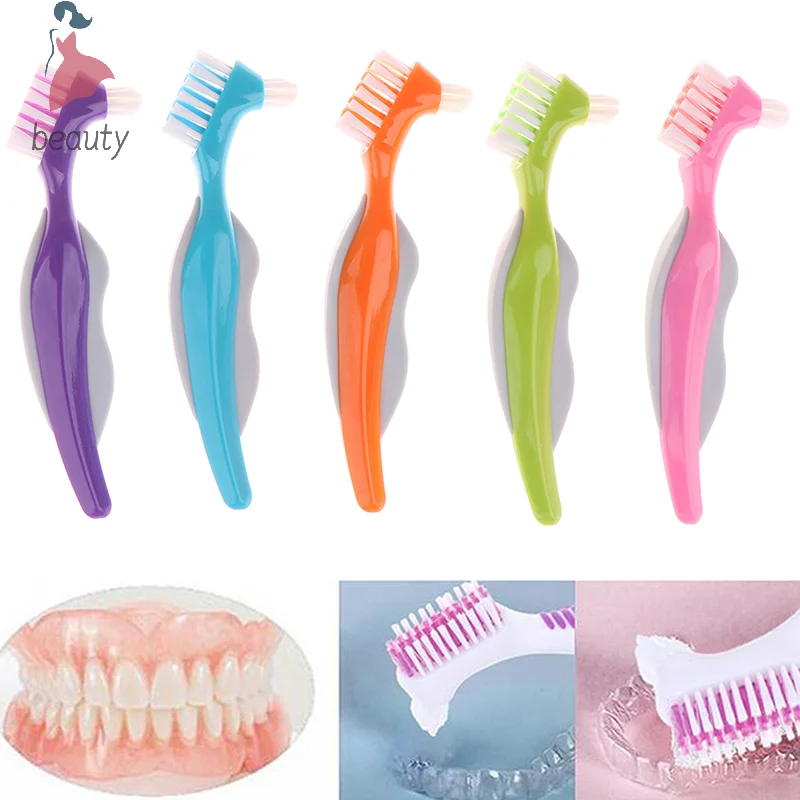 Cepillo de dientes postizos para limpieza de dentaduras, cerdas de múltiples capas, cuidado bucal, antideslizante, mango de goma ergonómico, cabezales dobles, antibacteriano