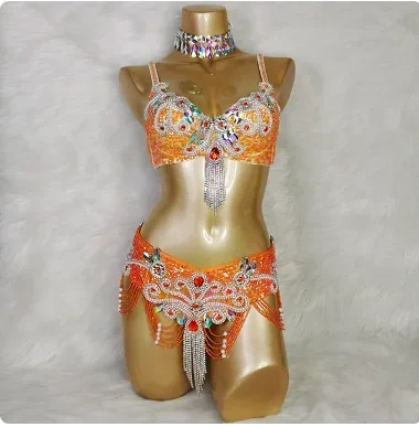 Adult Tassel Belly Dancing Bra and Belt Samba Carnival Costumes Festival Outfit Stage Performance Wear Silver Blue Orange Green