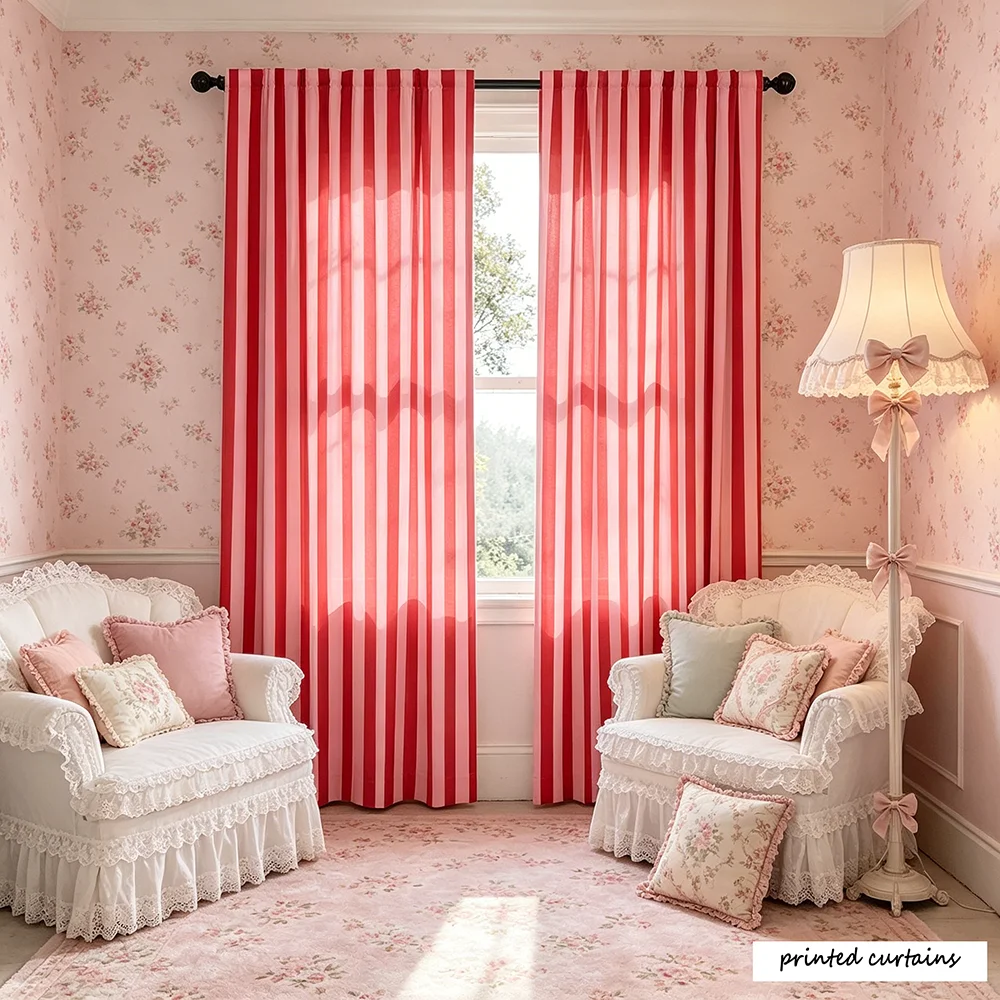 Modern Pink And Red Striped Curtains - Light Filtering Metal Eyelet Curtains for Living Room And Bedroom Machine Washable Elegan