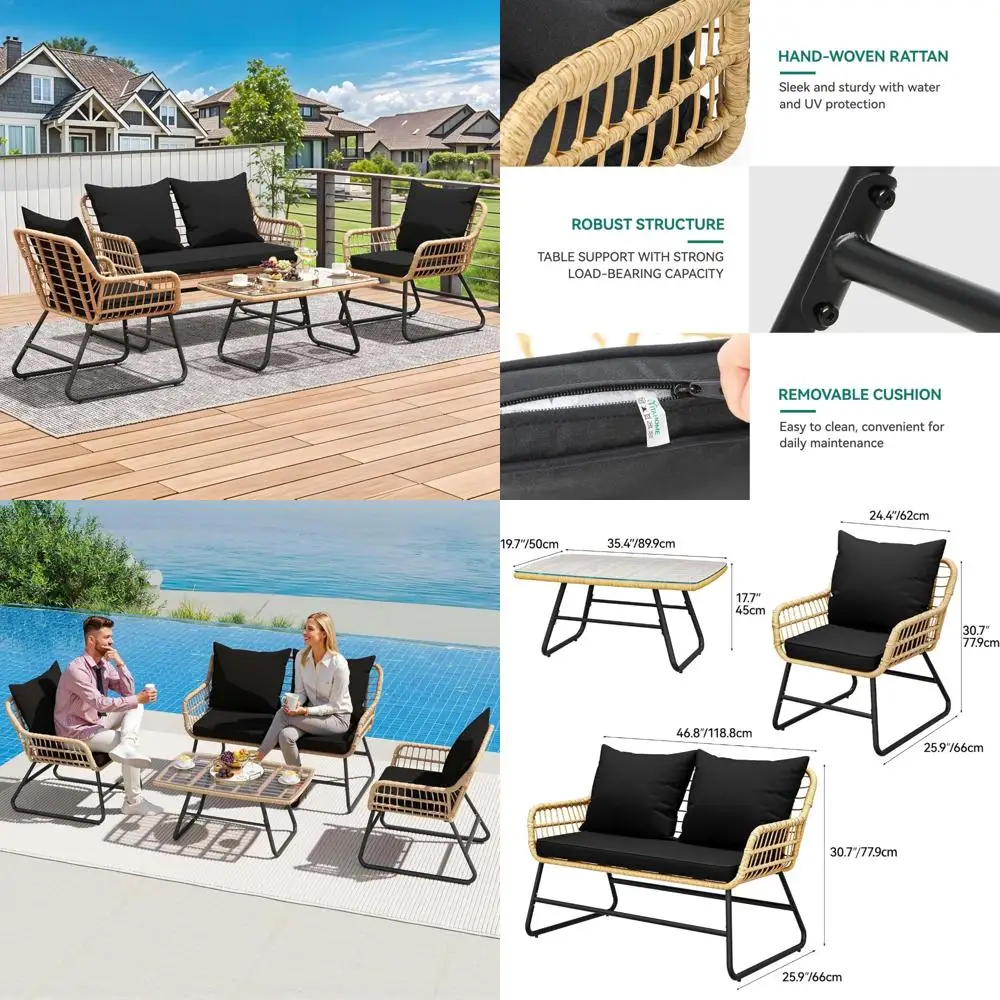

4-Piece Outdoor Wicker Bistro Set, Weather-Resistant Rattan Loveseat Chairs for Backyard and Balcony Conversation