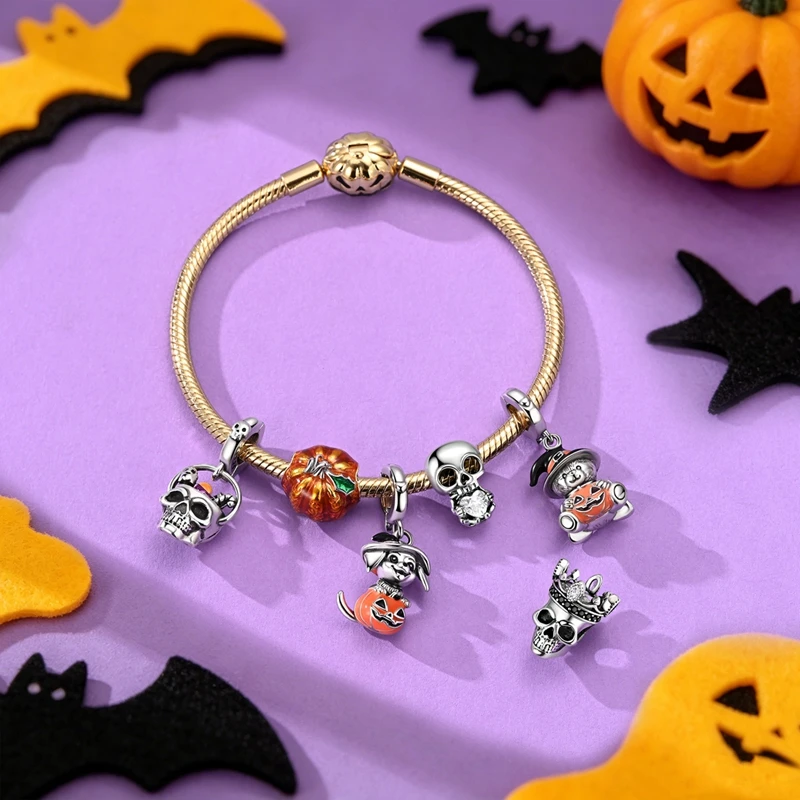 Original 925 Sterling Silver Halloween Pumpkin Skull Coffin House Luminous Beads Fit Bag Charms Bracelet Jewelry Gifts for Women