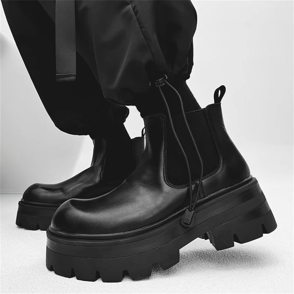 

Big Round Toe Thick Soled Boots Men's British Style Increased Ankle Chelsea Boots High Top Black Leather Motorcycle Short Boots