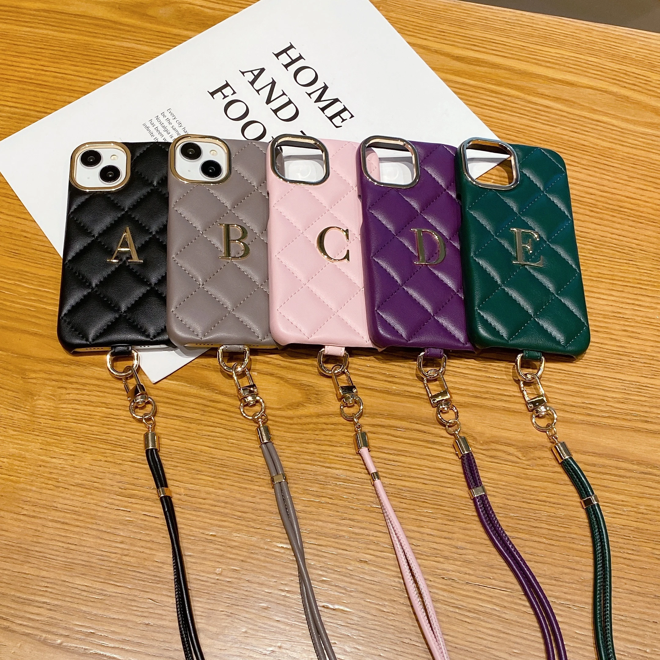 Personalized Initials letter Leather Phone Case for iPhone17 16 15 14 13 12ProMax 15 16Plus Crossbody Lanyard Small Letter Case