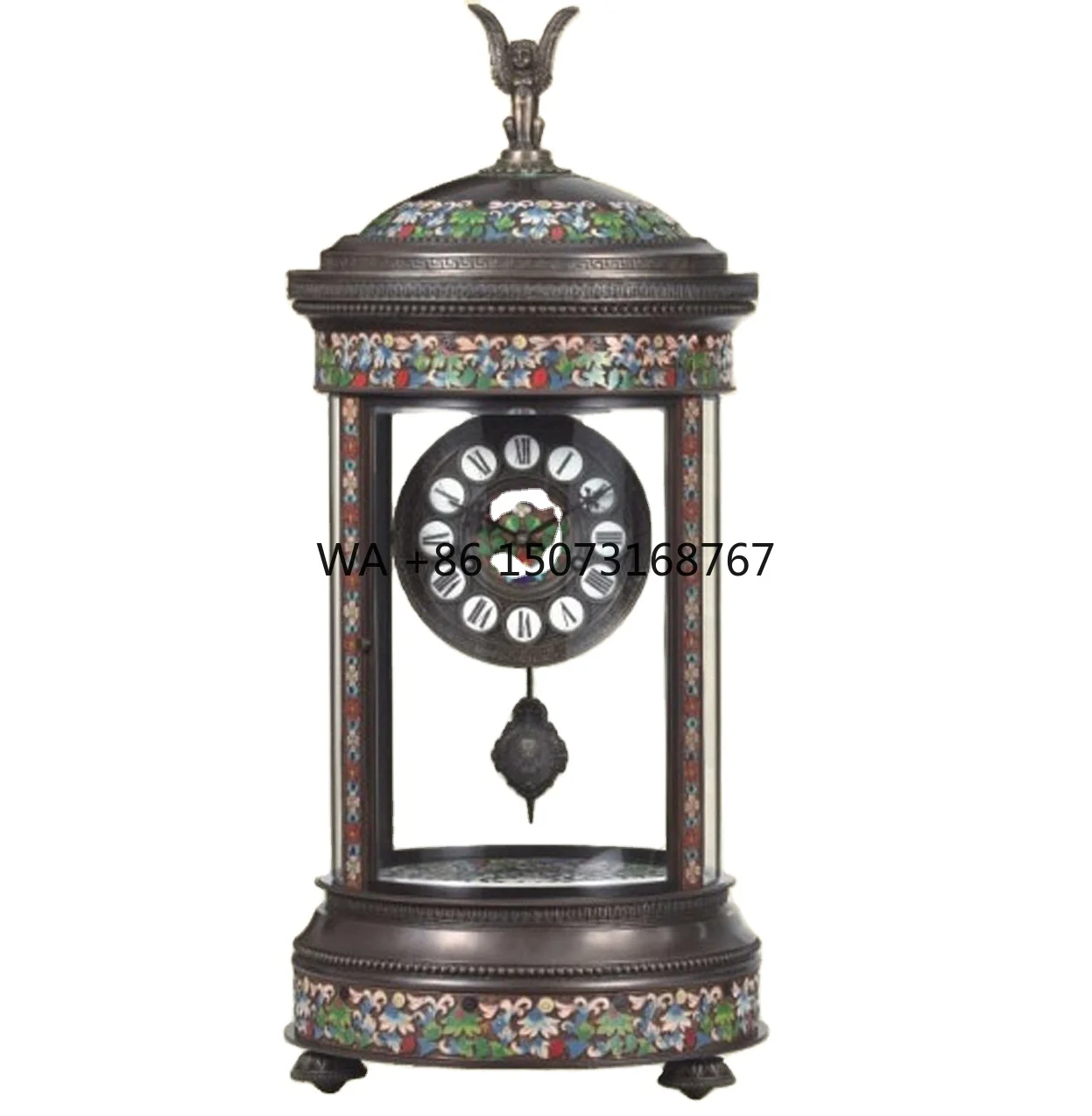 Brass Pavilion Antique 19th  French Style 15 Days Mechanical Movement  Floral Cloisonne Enamel Table/Desk Clock/Watch