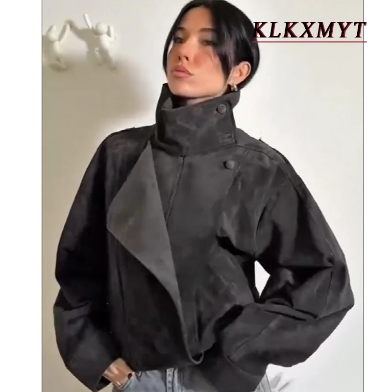 

Модные черные замшевые куртки оверсайз для женщин, весна-осень 2026, с длинными рукавами, на пуговицах, эластичные, в уличном стиле