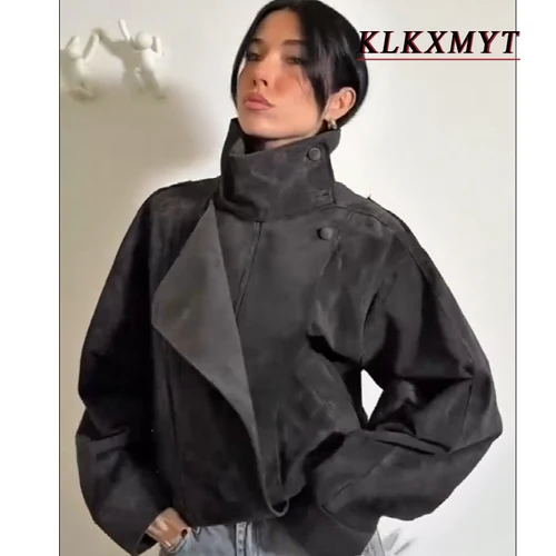 Imagen 1 del producto Chaquetas de Gamuza Negra Chic para Mujer, Estilo Urbano, Primavera-Otoño 2026, Manga Larga, Botones, Elásticas, Oversize, a la Moda