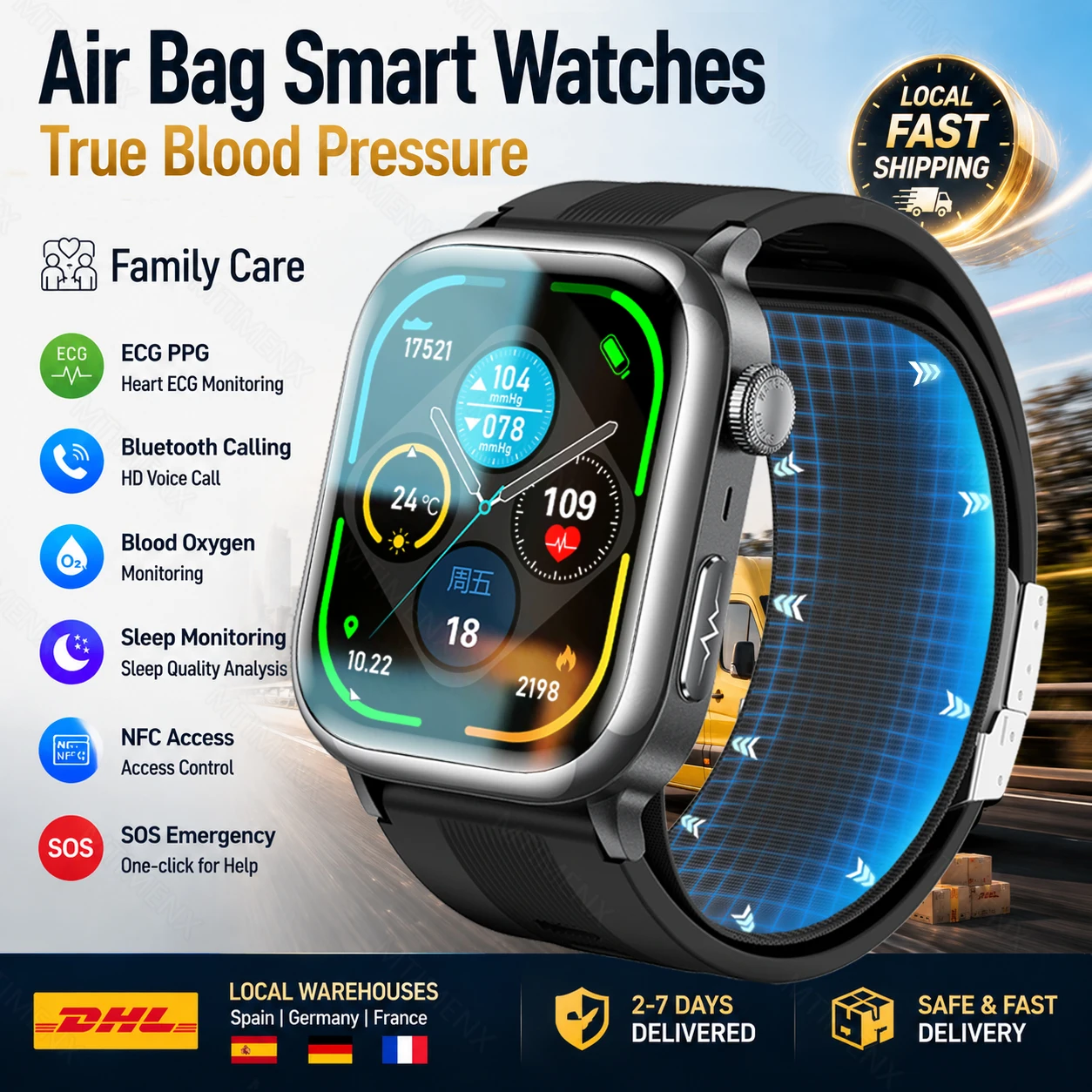 Montre connectée 2026 2,06" AMOLED Test de pression artérielle par coussin d'air ECG Verre nano Assistant de santé IA Appels Bluetooth Accès NFC 530mAh