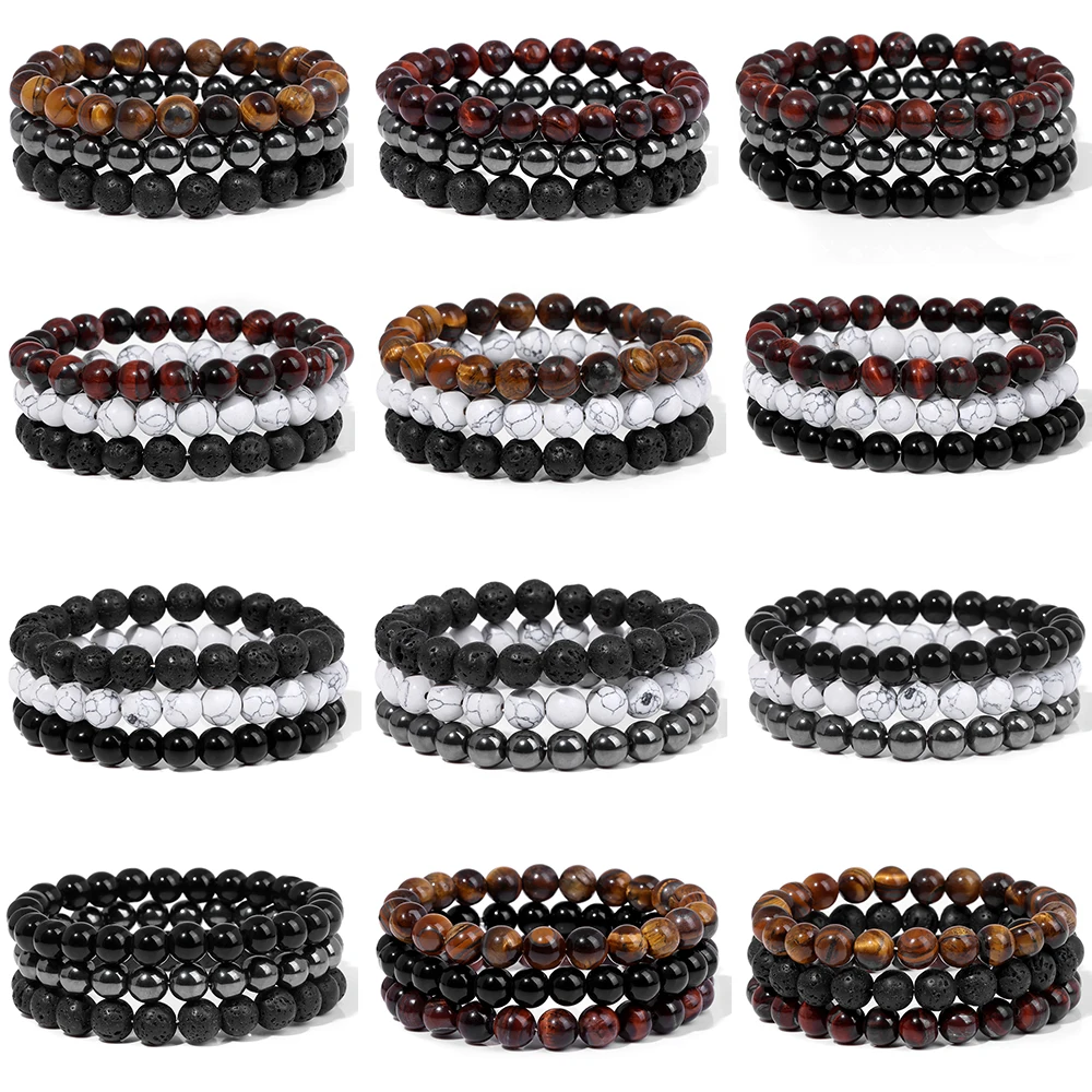 Vintage Men Stone Bracelet 3Pcs Natural Howlite Lava Tiger Eye Hematite Bead Stretch Bracelet Set Healing Energy Jewelry Gift