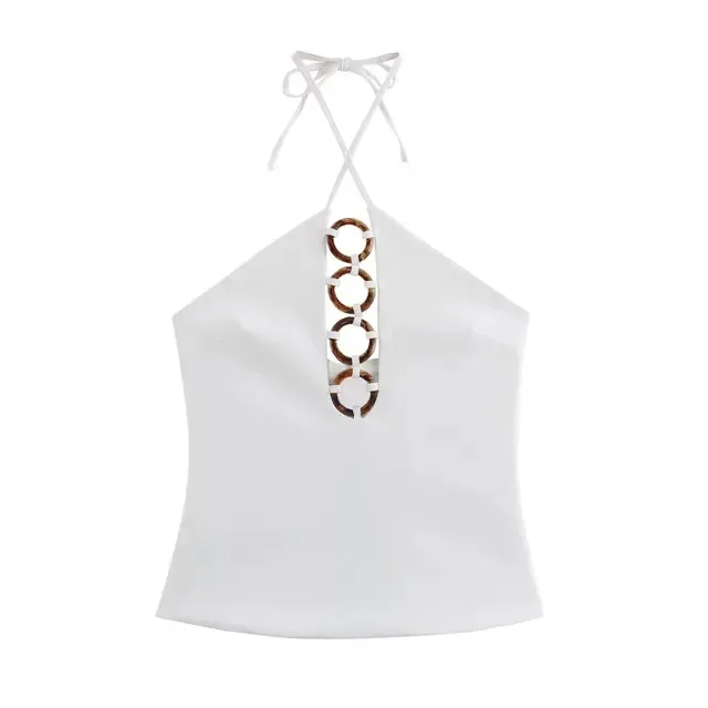 

BabYoung Women Elegant Solid Halter Neck Hollow Decorate Summer Woman Sexy Sleeveless Backless Vest Retro Casual Tops