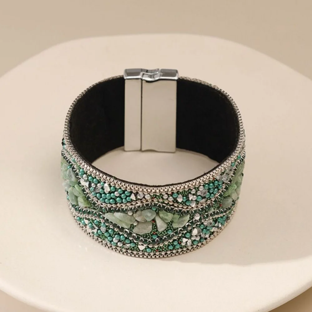 Ethnic Style Magnetic Clasp Bracelet Retro Bohemian Rhinestone Women's Bracelet Stone Beads Magnetic Closure