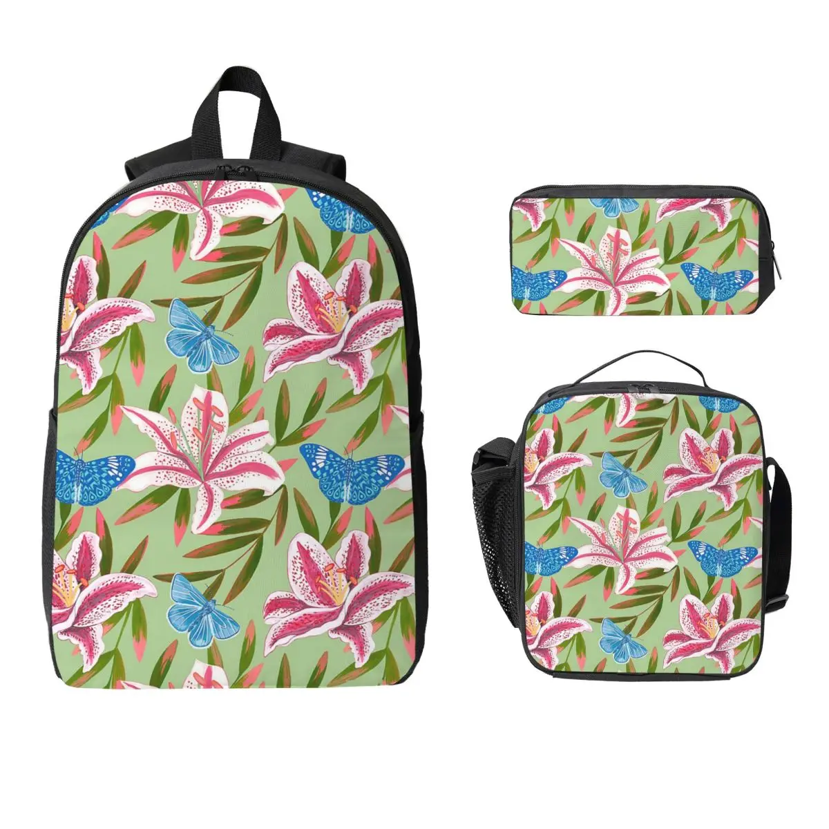

Dizzy Oriental Lily Floral Pattern With Blue Butterflies On Green Backpack BookBag SchoolBag 3ps Insulated Lunch Bag Pencil Case