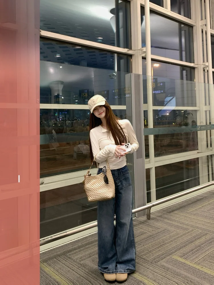 

Джинсы с высокой талией, прямые, широкие, женские, весенне-осенние, с откидными карманами, универсальные, из смесового хлопка, комфортные, хорошо сидят