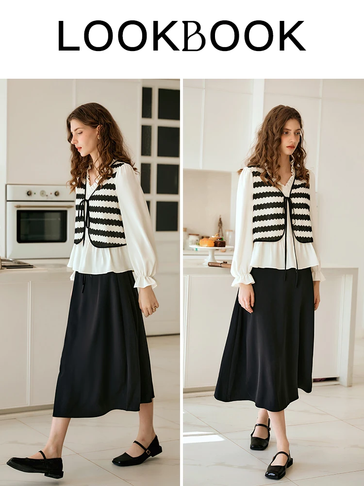 OLrain Women Striped Spliced Blouse 2025 Autumn Temperament Chiffon Shirt Fake Two-piece Tops Lace-up Female Clothing O24CX89835