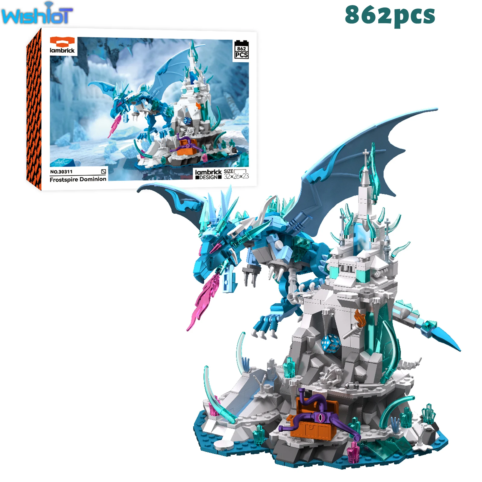 

862PCS Frostspire Dominion Building Blocks Magic Castle Flying Frost Dragon Ice Dragon Model Kid Assembly Toy Ideal Holiday Gift