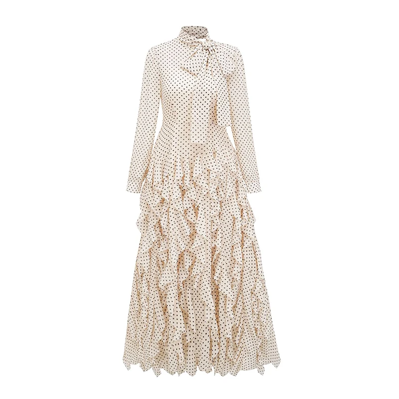 

Side Zipper Ruffles Evening Dresses Buttons Long Sleeve Women Bow Polka Dot Formal Prom Graduation Party Gowns For Wedding