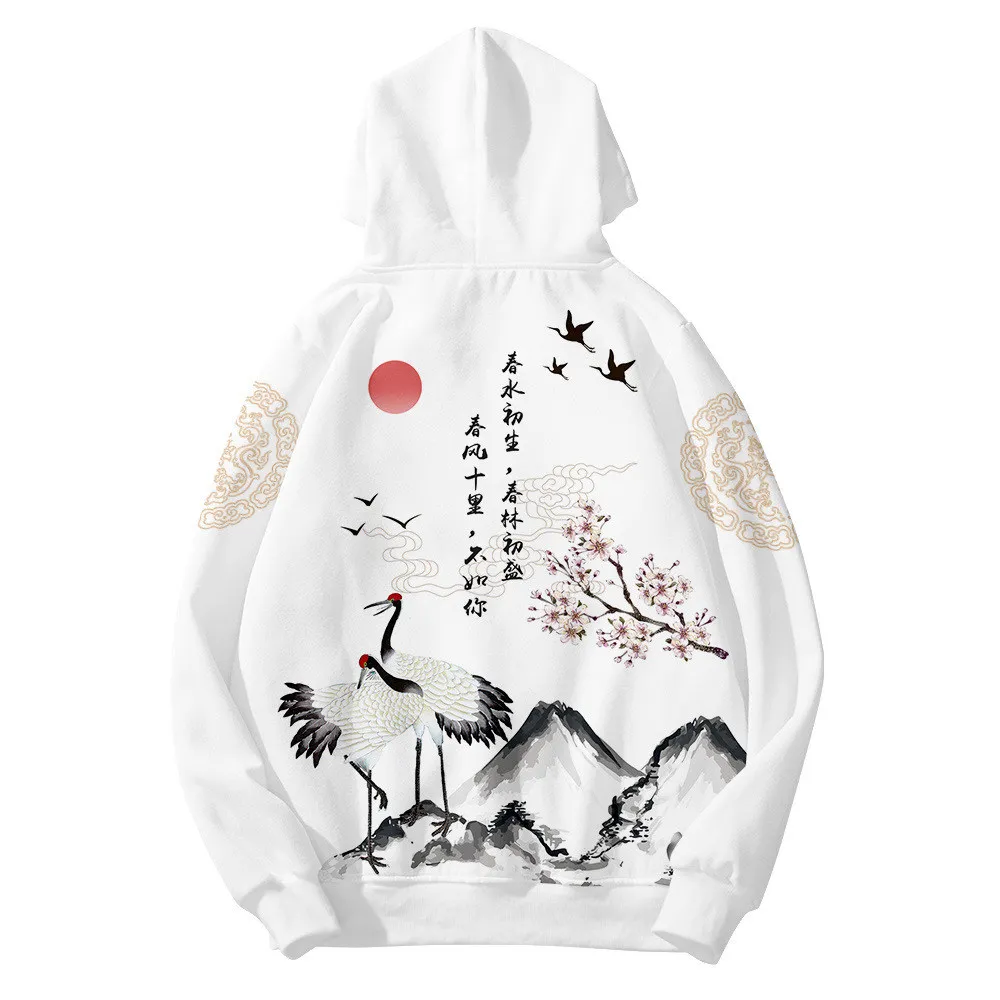 2024 Autumn Japanese Style Chinese Crane Print Clothing New Men\'s Hoodies Male Sweatshirt casual long sleeve Zipper Oversize 6XL