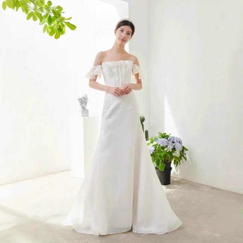 جديد النمط الفرنسي السفر التصوير خارج الكتف الأورجانزا بسيط أنيق العروس حورية البحر فستان الزفاف