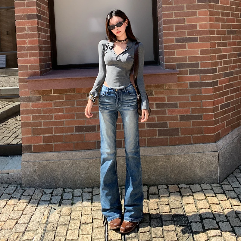 Spring 2026 High Waist Bell Bottom Jeans Women's Pear Shape Slimming Long Leg Visual Effect Retro Style Cotton Stretch Denim