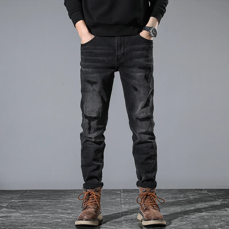 

JXNS95 High-end light luxury hole patched black jeans men's high-street American black grey Slim plump handsome scrape
