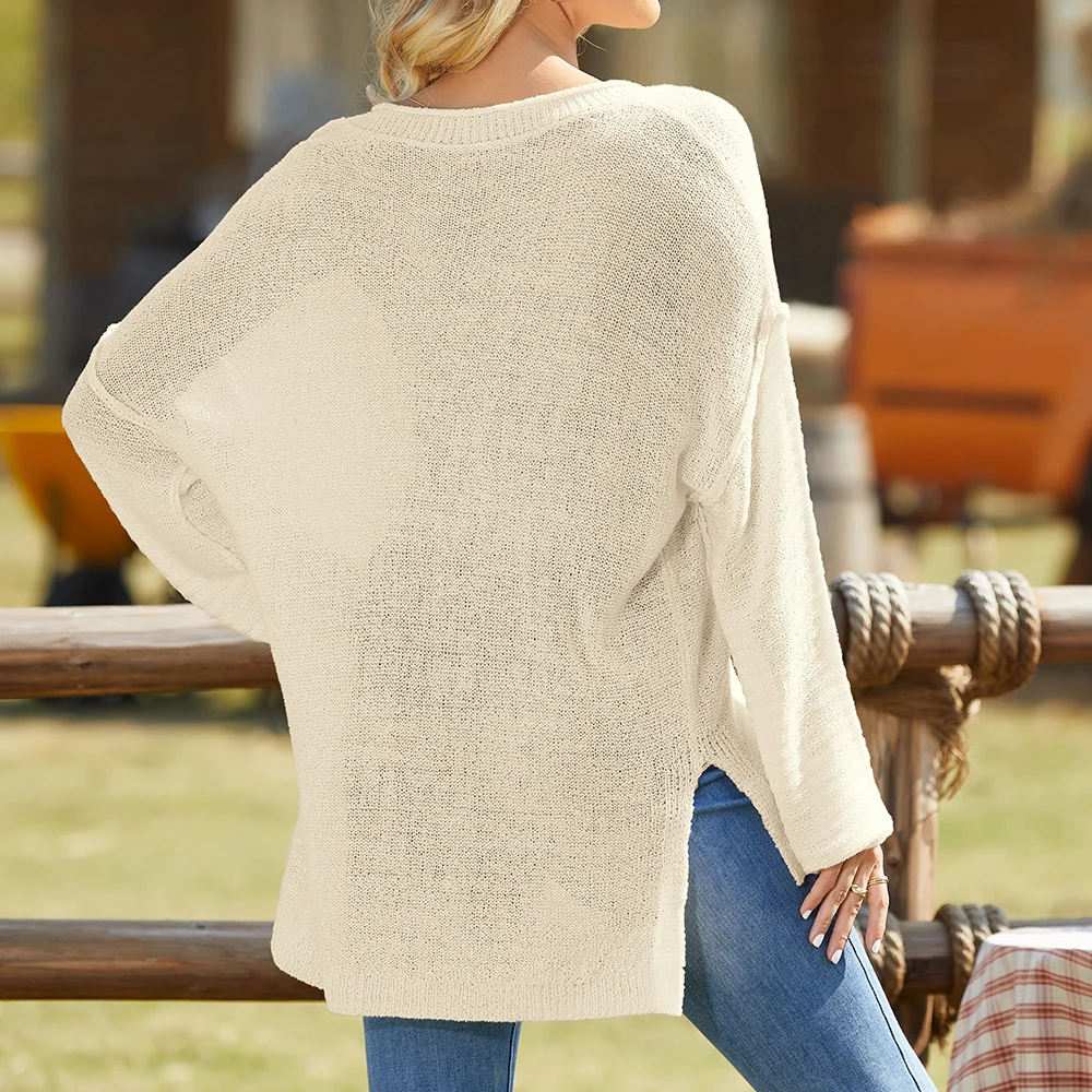 Attraco Dames Gebreide Pullover Lange Mouwen Oversized V-Hals Met Zak Elegant Mode Effen Top