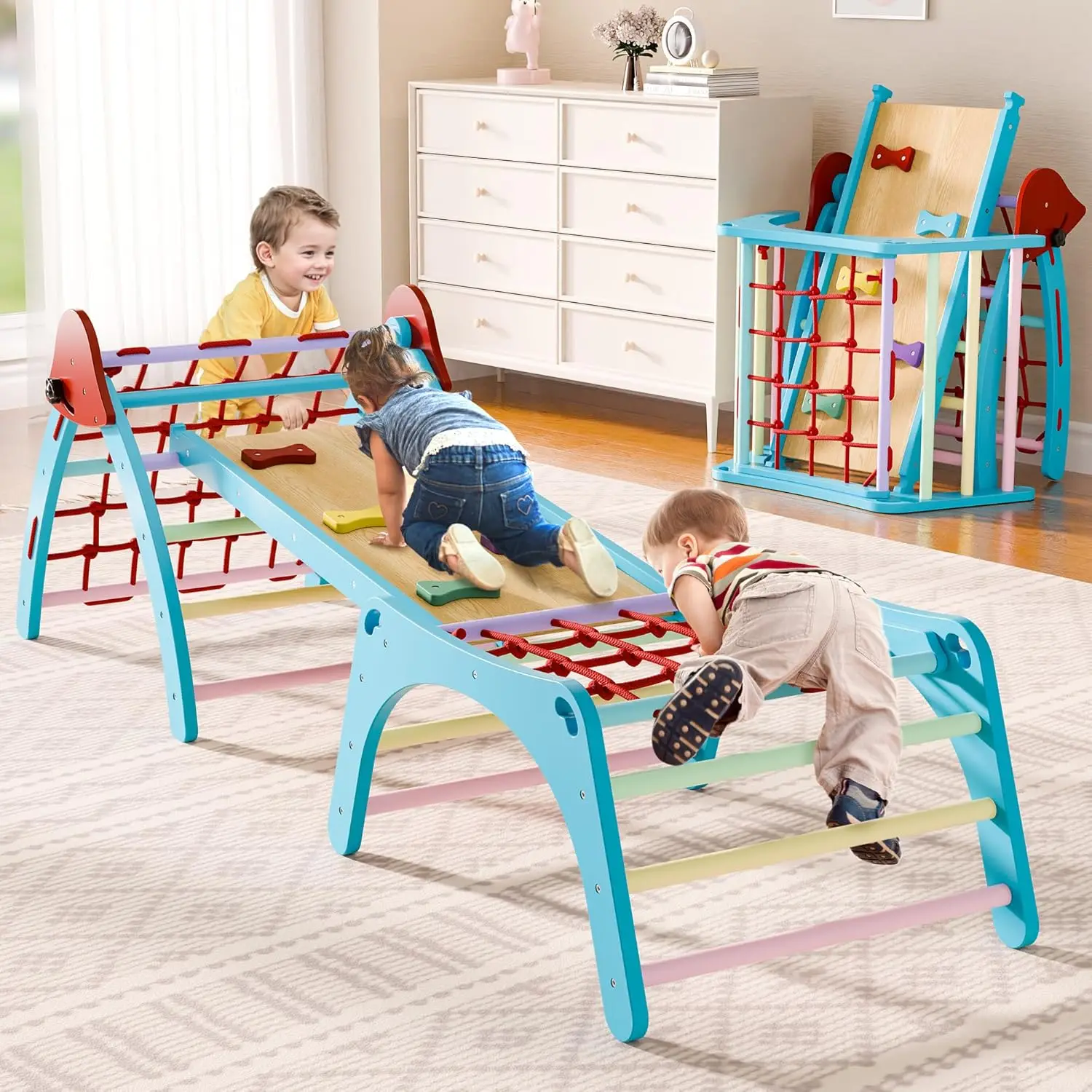 

Pikler Triangular Set, Foldable Wooden Pickler Climbing Set, Indoor Playground Jungle Gym, 6 in 1 Pikler Triangle Climbing Set f