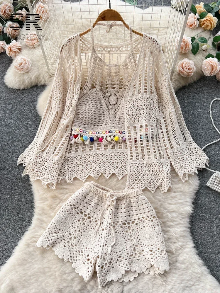 Beach Style Three Piece Sets Women Hollow Out Cardigan Halter Camisole Wide Leg Shorts Vacation Knitted Suits